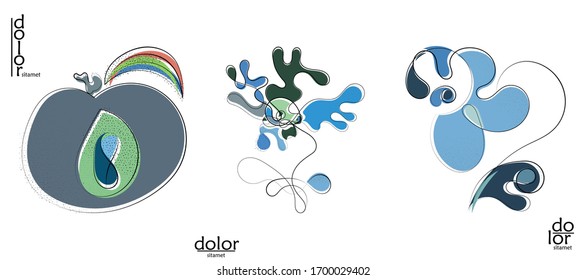 Logo artístico vector dibujado a mano aislado en blanco. Ilustración artística de línea con textura. Colores planos retro diseño ecológico natural de los alimentos ecológicos. Doodle vegetal orgánico sano.