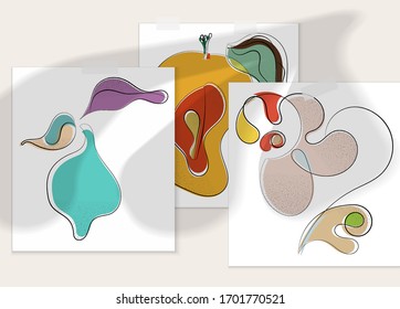 Abstract hand drawn vector artistic poster set with shadow overlay. Line art artistic illustration with texture. Retro flat colors organic natural design. Organic healthy vegan doodle.