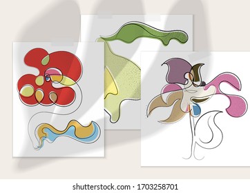 Afiche artístico vector dibujado a mano con superposición en la sombra. Ilustración artística de línea con textura. Color retro plano diseño natural orgánico. Doodle vegetal orgánico sano.