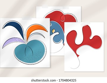 Abstract hand drawn vector artistic poster set with shadow overlay. Line art artistic illustration with texture. Retro flat colors organic natural design. Organic healthy vegan doodle.