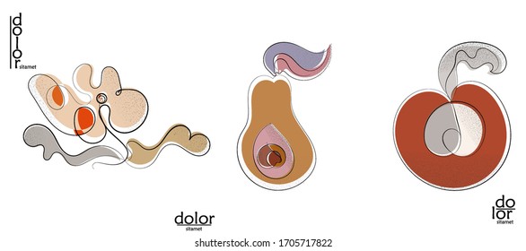 Abstract hand drawn vector artistic logo set isolated on white. Line art artistic illustration with texture. Retro flat colors organic natural Eco food design. Organic healthy vegan doodle.