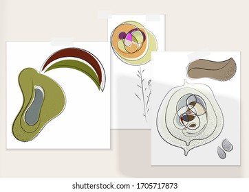Abstract hand drawn vector artistic poster set with shadow overlay. Line art artistic illustration with texture. Retro flat colors organic natural design. Organic healthy vegan doodle.