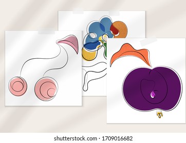 Abstract hand drawn vector artistic poster set with shadow overlay. Line art artistic illustration with texture. Retro flat colors organic natural design. Organic healthy vegan doodle.