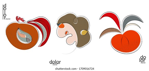 Abstract hand drawn vector artistic logo set isolated on white. Line art artistic illustration with texture. Retro flat colors organic natural Eco food design. Organic healthy vegan doodle.