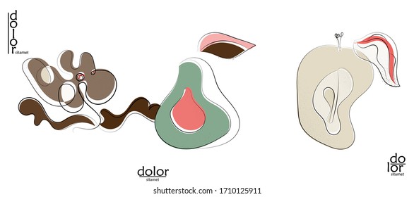 Abstract hand drawn vector artistic logo set isolated on white. Line art artistic illustration with texture. Retro flat colors organic natural Eco food design. Organic healthy vegan doodle.