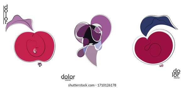 Abstract hand drawn vector artistic logo set isolated on white. Line art artistic illustration with texture. Retro flat colors organic natural Eco food design. Organic healthy vegan doodle.
