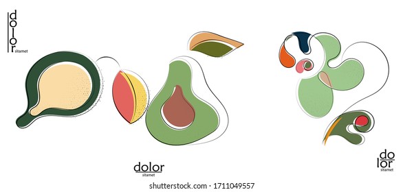 Abstract hand drawn vector artistic logo set isolated on white. Line art artistic illustration with texture. Retro flat colors organic natural Eco food design. Organic healthy vegan doodle.