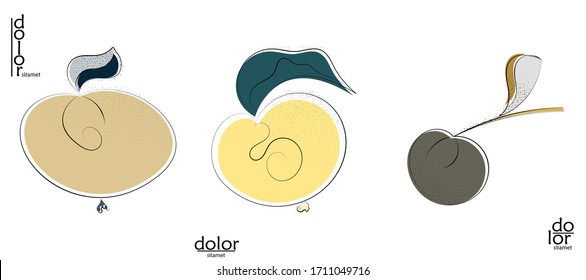 Abstract hand drawn vector artistic logo set isolated on white. Line art artistic illustration with texture. Retro flat colors organic natural Eco food design. Organic healthy vegan doodle.