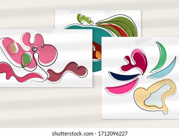 Abstract hand drawn vector artistic poster set with shadow overlay. Line art artistic illustration with texture. Retro flat colors organic natural design. Organic healthy vegan doodle.