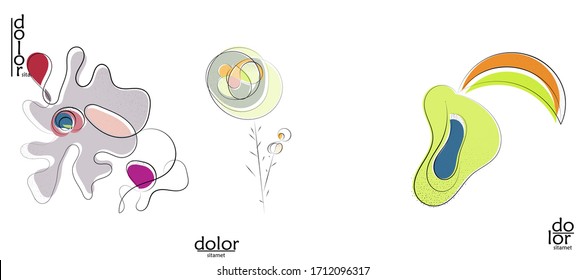 Abstract hand drawn vector artistic logo set isolated on white. Line art artistic illustration with texture. Retro flat colors organic natural Eco food design. Organic healthy vegan doodle.