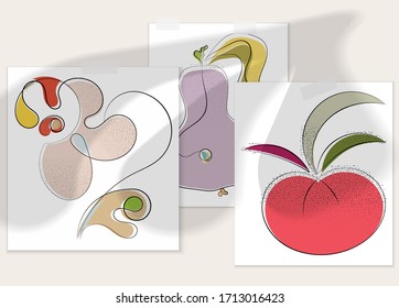 Abstract hand drawn vector artistic poster set with shadow overlay. Line art artistic illustration with texture. Retro flat colors organic natural design. Organic healthy vegan doodle.