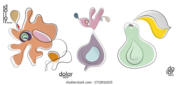 Abstract hand drawn vector artistic logo set isolated on white. Line art artistic illustration with texture. Retro flat colors organic natural Eco food design. Organic healthy vegan doodle.