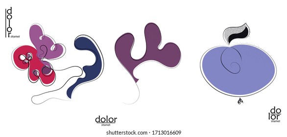Abstract hand drawn vector artistic logo set isolated on white. Line art artistic illustration with texture. Retro flat colors organic natural Eco food design. Organic healthy vegan doodle.