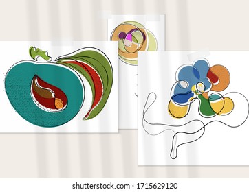 Abstract hand drawn vector artistic poster set with shadow overlay. Line art artistic illustration with texture. Retro flat colors organic natural design. Organic healthy vegan doodle.