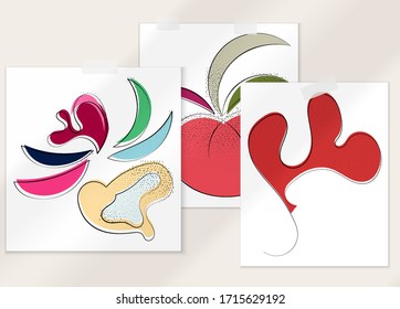 Abstract hand drawn vector artistic poster set with shadow overlay. Line art artistic illustration with texture. Retro flat colors organic natural design. Organic healthy vegan doodle.