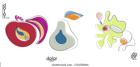 Abstract hand drawn vector artistic logo set isolated on white. Line art artistic illustration with texture. Retro flat colors organic natural Eco food design. Organic healthy vegan doodle.