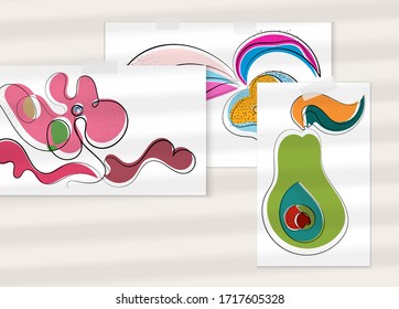 Abstract hand drawn vector artistic poster set with shadow overlay. Line art artistic illustration with texture. Retro flat colors organic natural design. Organic healthy vegan doodle.