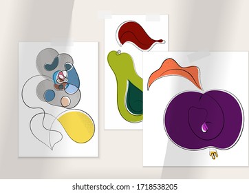 Afiche artístico vector dibujado a mano con superposición en la sombra. Ilustración artística de línea con textura. Color retro plano diseño natural orgánico. Doodle vegetal orgánico sano.