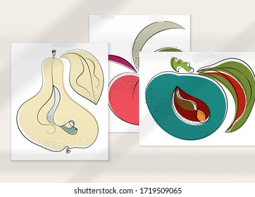 Abstract hand drawn vector artistic poster set with shadow overlay. Line art artistic illustration with texture. Retro flat colors organic natural design. Organic healthy vegan doodle.