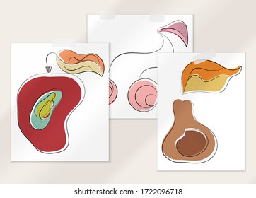 Abstrakter handgezeichneter Vektorgrafik-Plakat mit Schattenüberlagerung. Kunstillustration für Linie mit Textur. Retro flache Farben organische natürliche Design. Organische gesunde veganische Doodle.