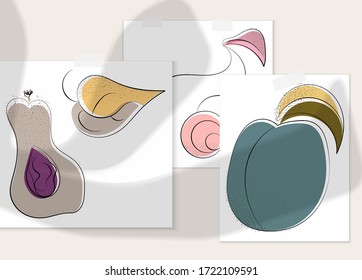 Abstract hand drawn vector artistic poster set with shadow overlay. Line art artistic illustration with texture. Retro flat colors organic natural design. Organic healthy vegan doodle.