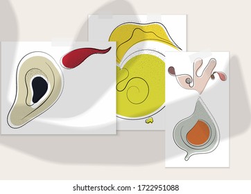 Abstract hand drawn vector artistic poster set with shadow overlay. Line art artistic illustration with texture. Retro flat colors organic natural design. Organic healthy vegan doodle.