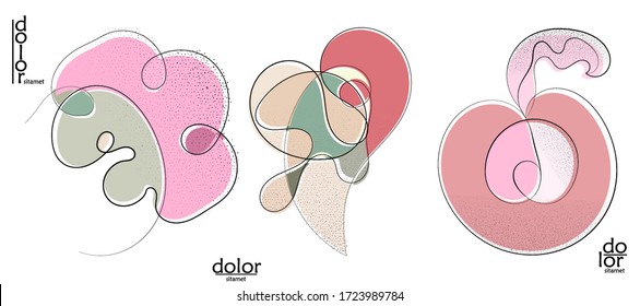 Abstract hand drawn vector artistic logo set isolated on white. Line art artistic illustration with texture. Retro flat colors organic natural Eco food design. Organic healthy vegan doodle.