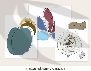 Abstract hand drawn vector artistic poster set with shadow overlay. Line art artistic illustration with texture. Retro flat colors organic natural design. Organic healthy vegan doodle.