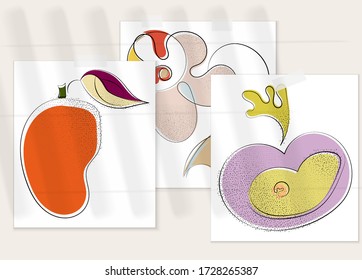 Abstract hand drawn vector artistic poster set with shadow overlay. Line art artistic illustration with texture. Retro flat colors organic natural design. Organic healthy vegan doodle.