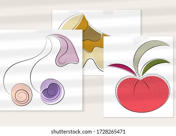 Abstract hand drawn vector artistic poster set with shadow overlay. Line art artistic illustration with texture. Retro flat colors organic natural design. Organic healthy vegan doodle.