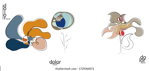 Abstract hand drawn vector artistic logo set isolated on white. Line art artistic illustration with texture. Retro flat colors organic natural Eco food design. Organic healthy vegan doodle.