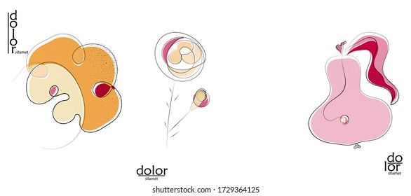 Abstract hand drawn vector artistic logo set isolated on white. Line art artistic illustration with texture. Retro flat colors organic natural Eco food design. Organic healthy vegan doodle.
