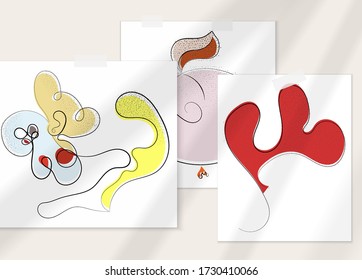 Abstraktes handgezeichnetes künstlerisches Poster mit Schattenüberlagerung. Kunstzeilentext mit Textur. Retro flache Farben organische natürliche Design. Organische gesunde veganische Doodle.