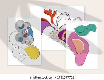 Abstract hand drawn vector artistic poster set with shadow overlay. Line art artistic illustration with texture. Retro flat colors organic natural design. Organic healthy vegan doodle.