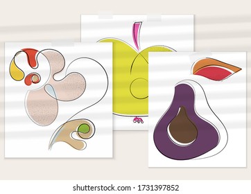 Abstract hand drawn vector artistic poster set with shadow overlay. Line art artistic illustration with texture. Retro flat colors organic natural design. Organic healthy vegan doodle.