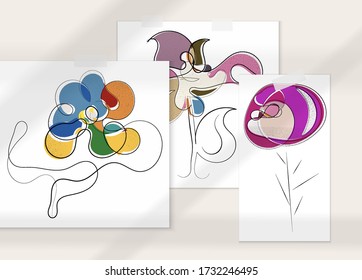 Resumen de afiche artístico vector dibujado a mano con superposición de sombra. Ilustración artística de línea con textura. Colores planos retro diseño natural orgánico. Doodle vegetal orgánico sano.