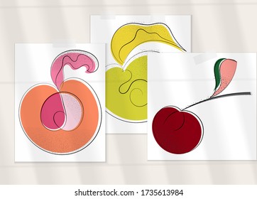 Abstract hand drawn vector artistic poster set with shadow overlay. Line art artistic illustration with texture. Retro flat colors organic natural design. Organic healthy vegan doodle.