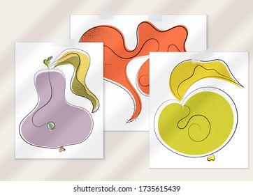 Abstract hand drawn vector artistic poster set with shadow overlay. Line art artistic illustration with texture. Retro flat colors organic natural design. Organic healthy vegan doodle.