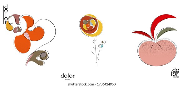 Abstract hand drawn vector artistic logo set isolated on white. Line art artistic illustration with texture. Retro flat colors organic natural Eco food design. Organic healthy vegan doodle.