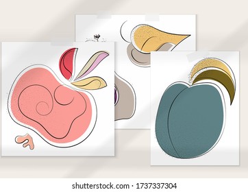 Abstract hand drawn vector artistic poster set with shadow overlay. Line art artistic illustration with texture. Retro flat colors organic natural design. Organic healthy vegan doodle.