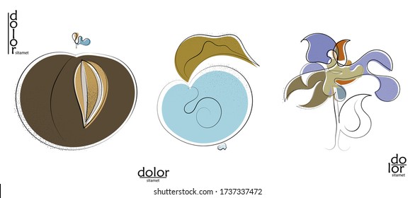 Abstraktes handgezeichnetes künstlerisches Logo des Vektors, das auf Weiß isoliert ist. Kunstzeilentext mit Textur. Retro flache Farben organische natürliche Öko-Lebensmittel-Design. Organische gesunde veganische Doodle.