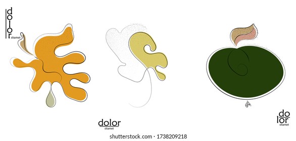 Abstract hand drawn vector artistic logo set isolated on white. Line art artistic illustration with texture. Retro flat colors organic natural Eco food design. Organic healthy vegan doodle.