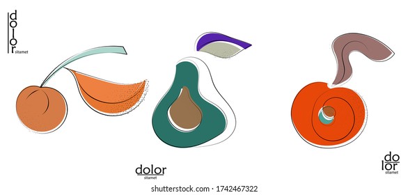 Abstract hand drawn vector artistic logo set isolated on white. Line art artistic illustration with texture. Retro flat colors organic natural Eco food design. Organic healthy vegan doodle.