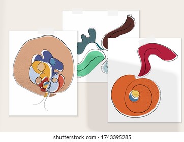 Abstract hand drawn vector artistic poster set with shadow overlay. Line art artistic illustration with texture. Retro flat colors organic natural design. Organic healthy vegan doodle.
