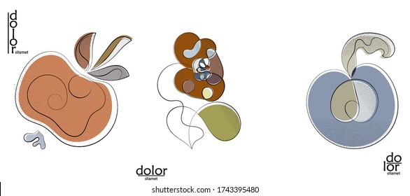Abstract hand drawn vector artistic logo set isolated on white. Line art artistic illustration with texture. Retro flat colors organic natural Eco food design. Organic healthy vegan doodle.