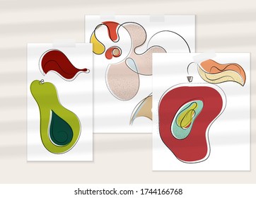 Abstract hand drawn vector artistic poster set with shadow overlay. Line art artistic illustration with texture. Retro flat colors organic natural design. Organic healthy vegan doodle.