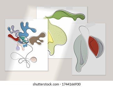Abstraktes handgezeichnetes künstlerisches Poster mit Schattenüberlagerung. Kunstzeilentext mit Textur. Retro flache Farben organische natürliche Design. Organische gesunde veganische Doodle.