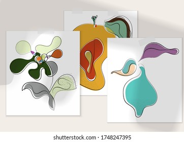 Abstract hand drawn vector artistic poster set with shadow overlay. Line art artistic illustration with texture. Retro flat colors organic natural design. Organic healthy vegan doodle.