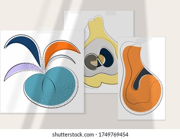 Abstract hand drawn vector artistic poster set with shadow overlay. Line art artistic illustration with texture. Retro flat colors organic natural design. Organic healthy vegan doodle.