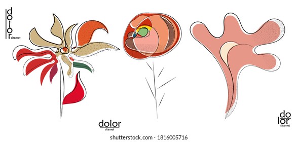 Abstract hand drawn vector artistic logo set isolated on white. Line art artistic illustration with texture. Retro flat colors organic natural Eco food design. Organic healthy vegan doodle.